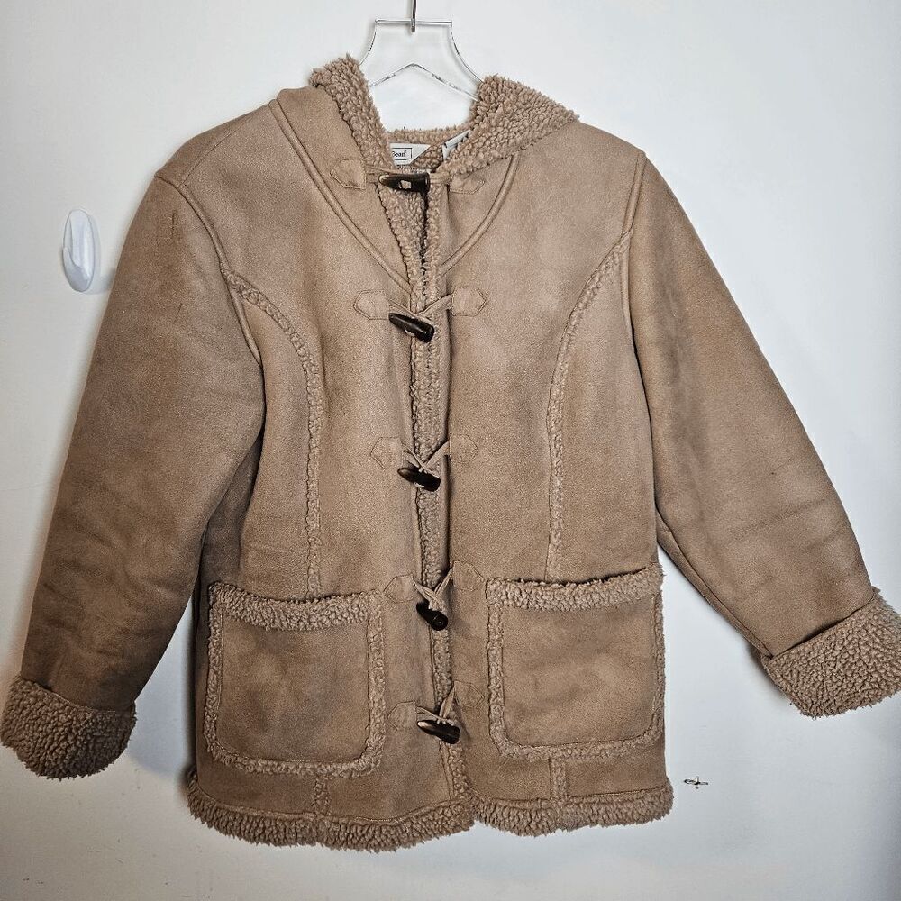 L.L Bean Faux Suede Hooded Coat Sherpa Lined Toggle Closure Jacket GHP6 Women's